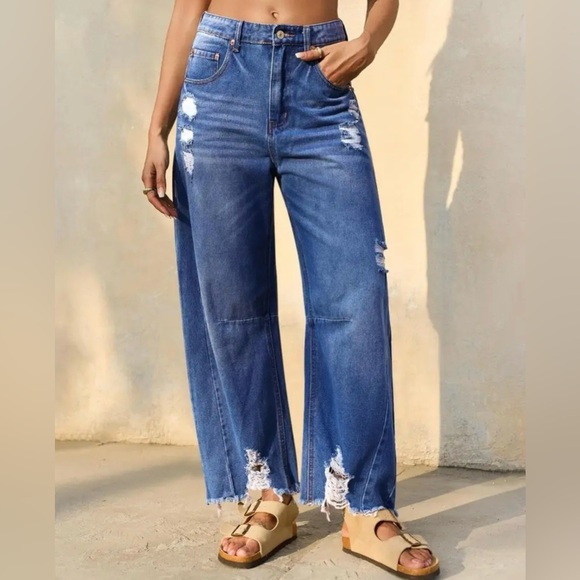 Blue Flare Wide Leg Jeans with Distressed Hem - Picture 2 of 13